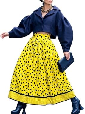 Vintage 80s 90s bright yellow navy blue polka dot retro full maxi skirt 4
